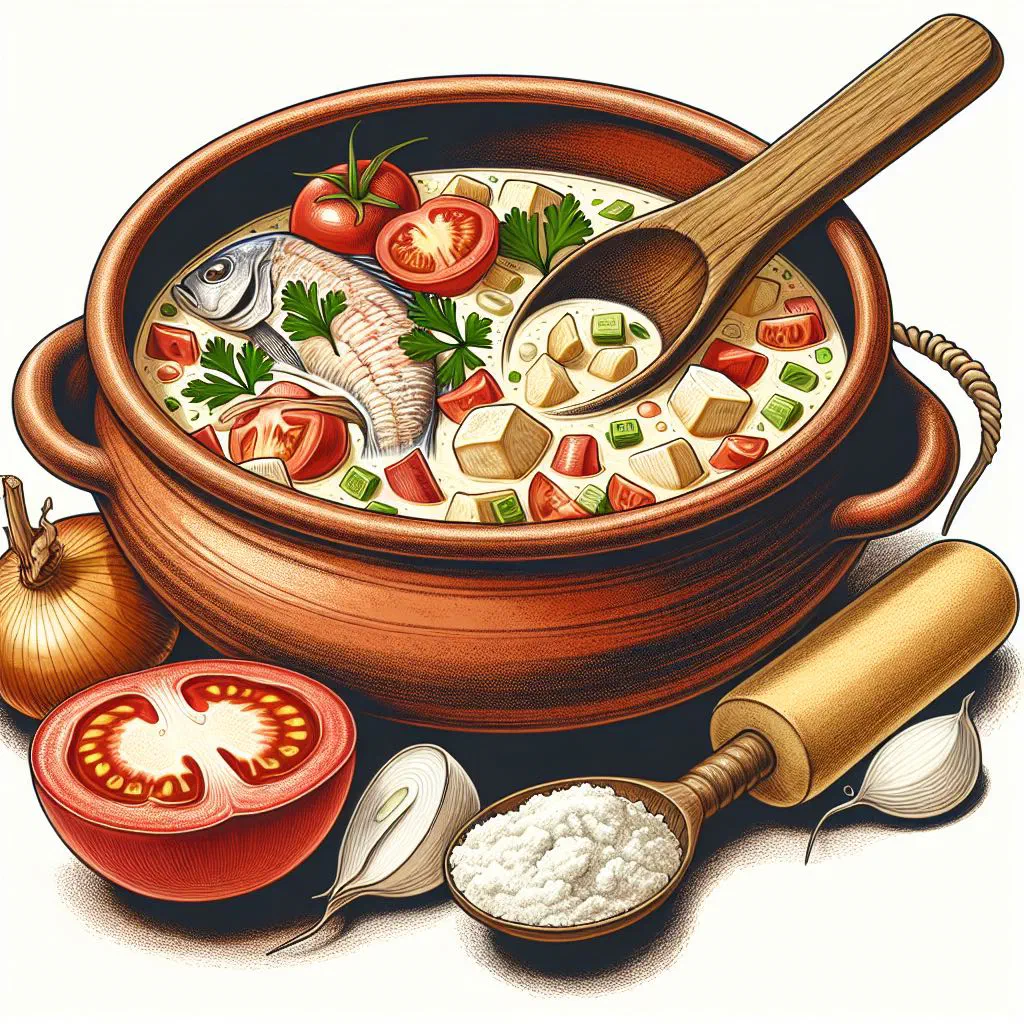 Bowl of pirão de peixe with tender fish in a thick cassava sauce, garnished with fresh herbs