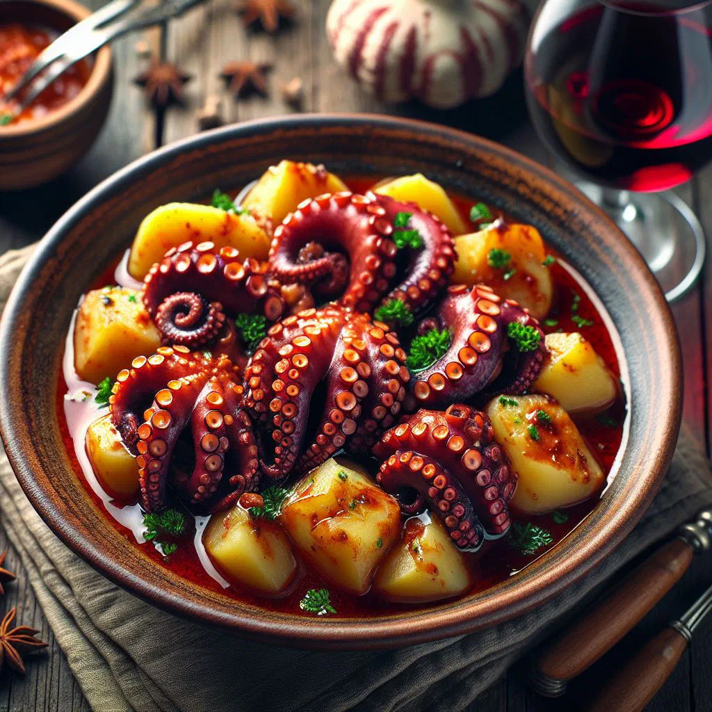 Tender octopus braised in red wine with onions and fresh coriander