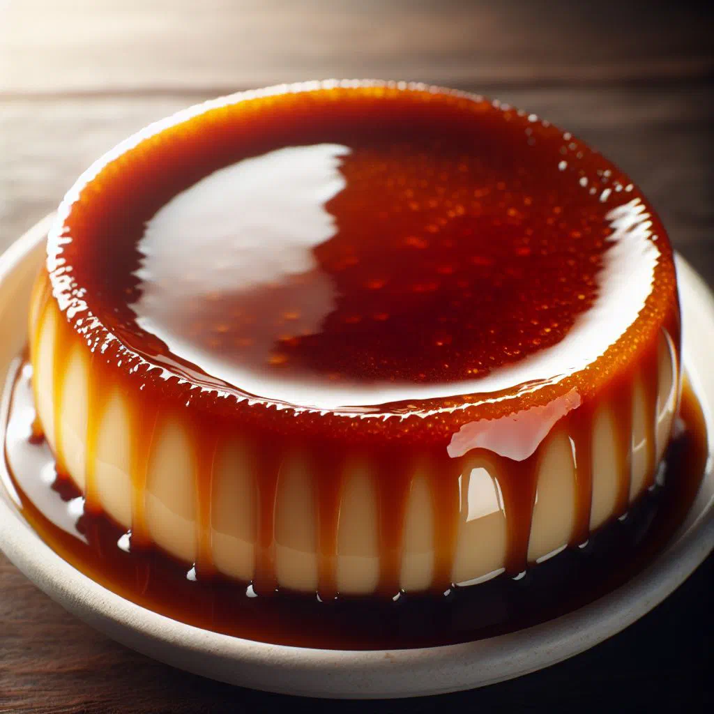 Creamy milk pudding turned out onto a plate with glossy caramel sauce