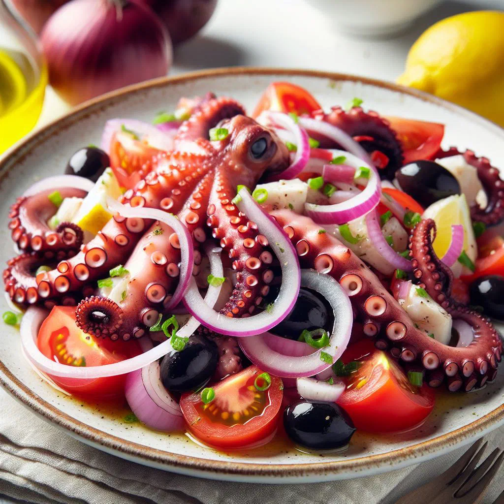 Octopus salad with peppers, onion and parsley on a white plate
