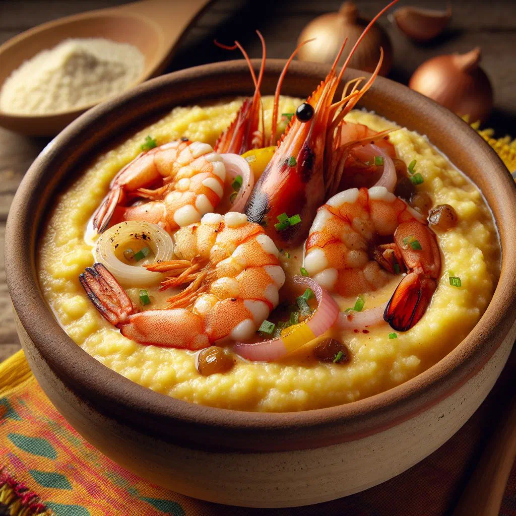 Creamy cornmeal porridge topped with prawns and fresh coriander