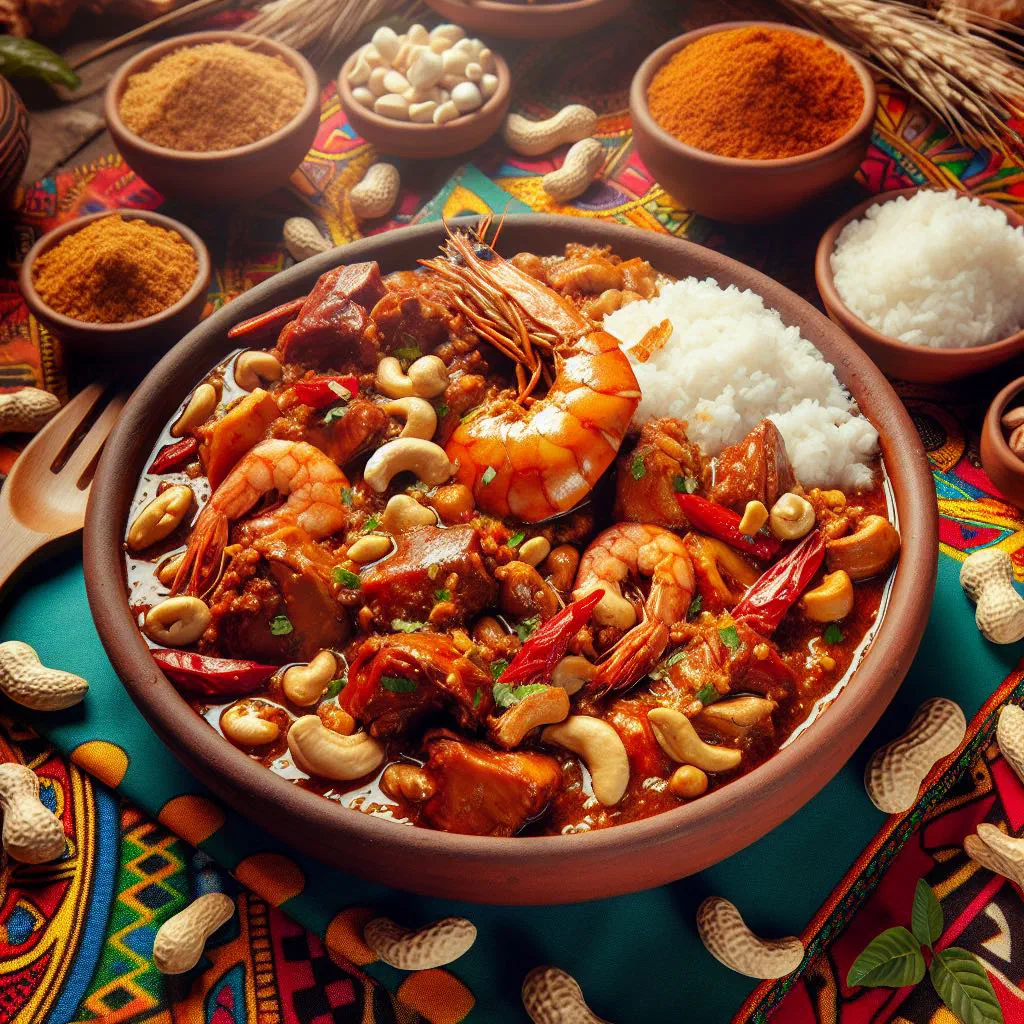 Ximxim de galinha chicken in a peanut and coconut sauce, garnished with fresh coriander