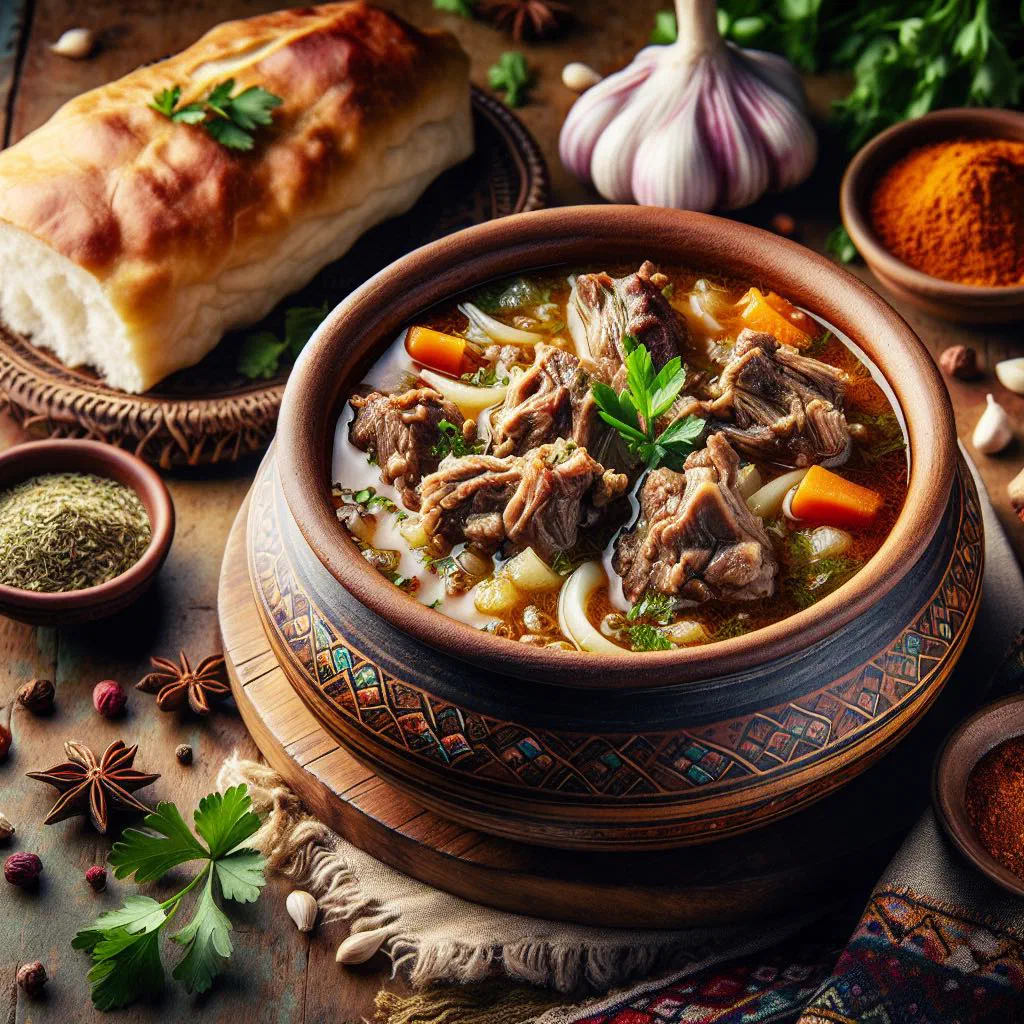 Bowl of Arabian lamb soup with tender lamb, vegetables and fresh herbs