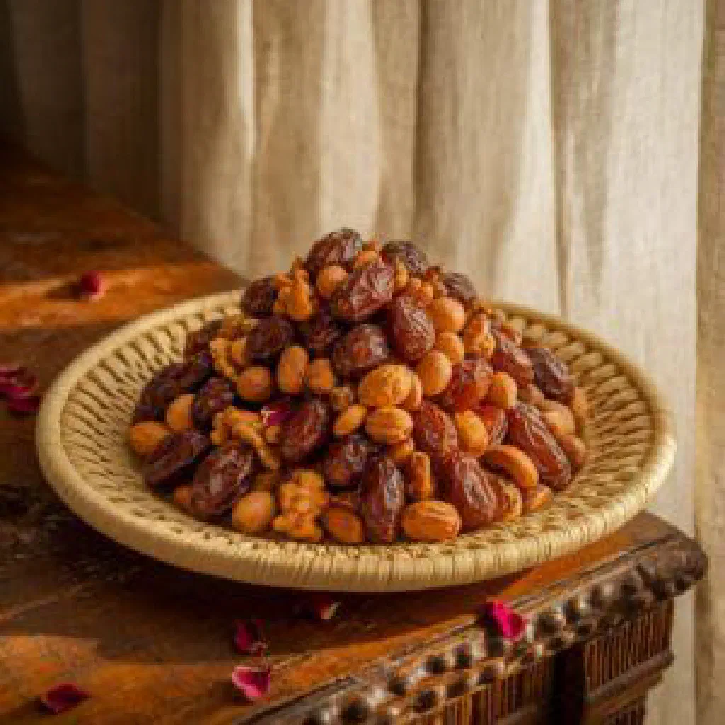 Areeka with mashed dates on toasted flatbread topped with chopped nuts