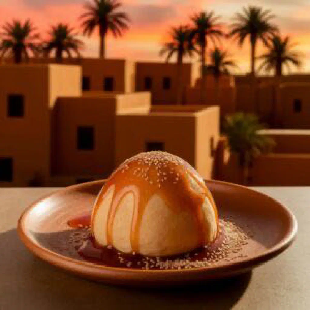 Smooth mound of asida drizzled with golden honey in a traditional bowl