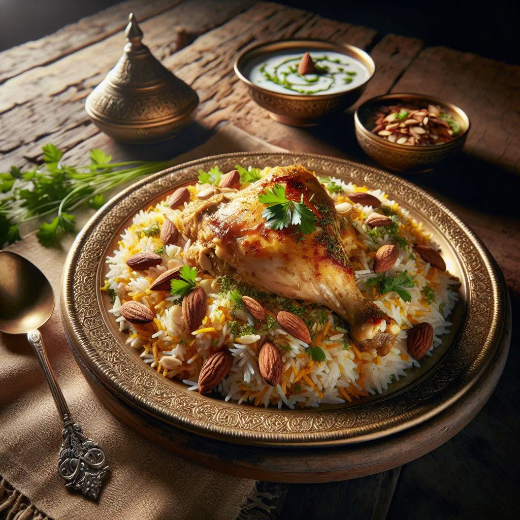 Fragrant biryani with spiced rice, tender meat and fresh herbs