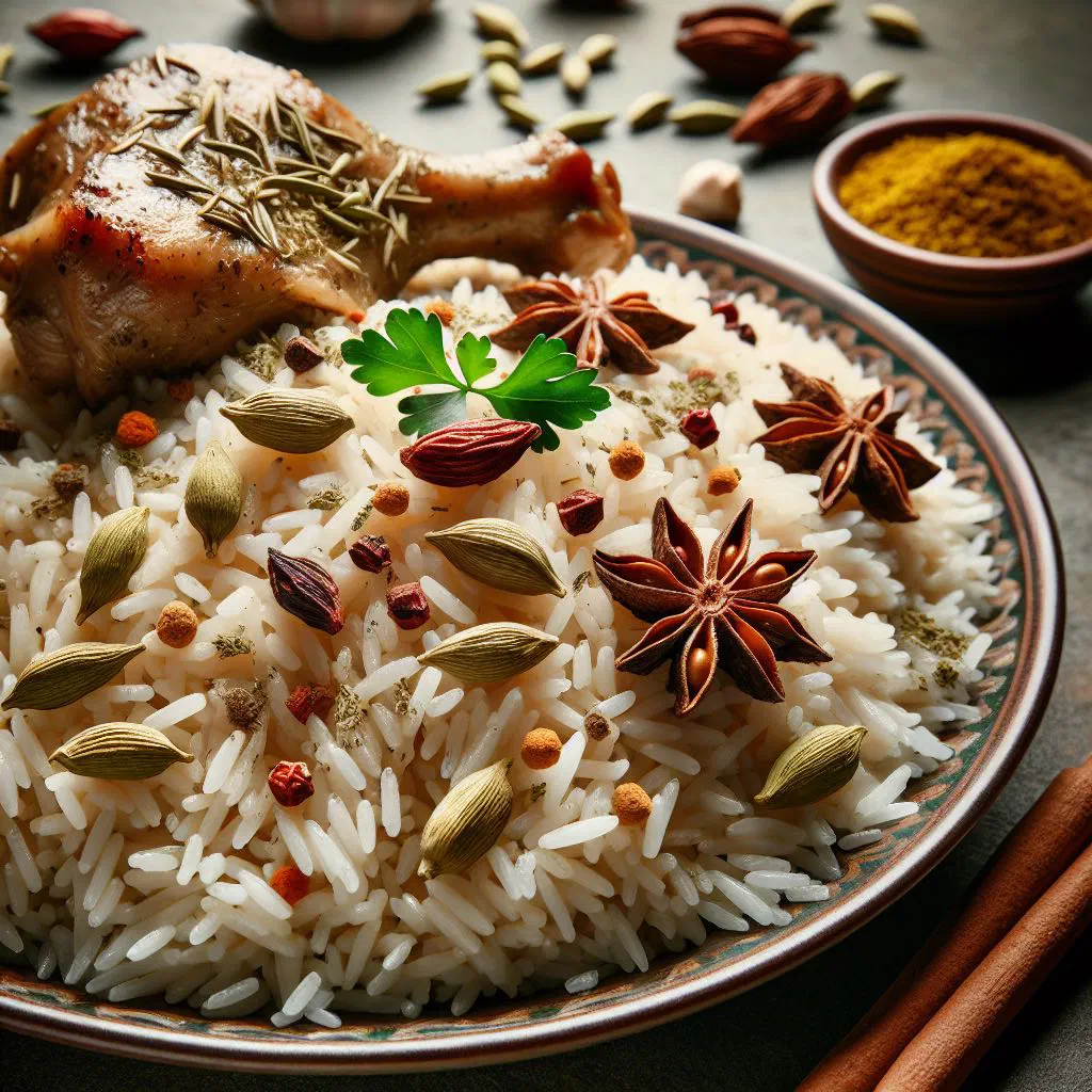 Fragrant Bukhari rice with spiced meat and saffron on a serving platter