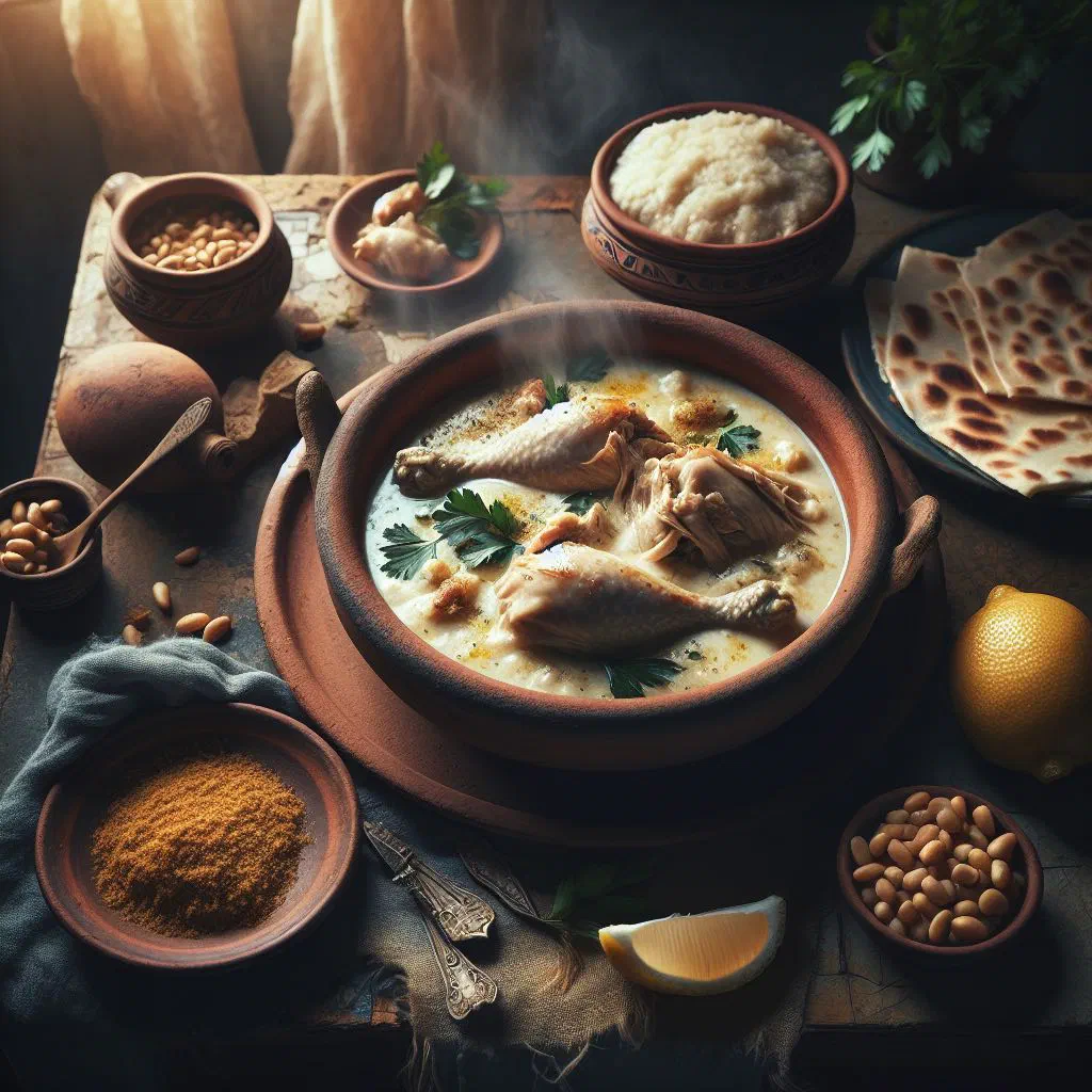 Creamy chicken harees garnished with fresh herbs in a bowl