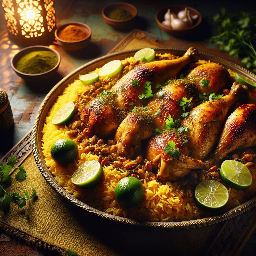 Spiced chicken served over fragrant basmati rice, garnished with almonds and raisins