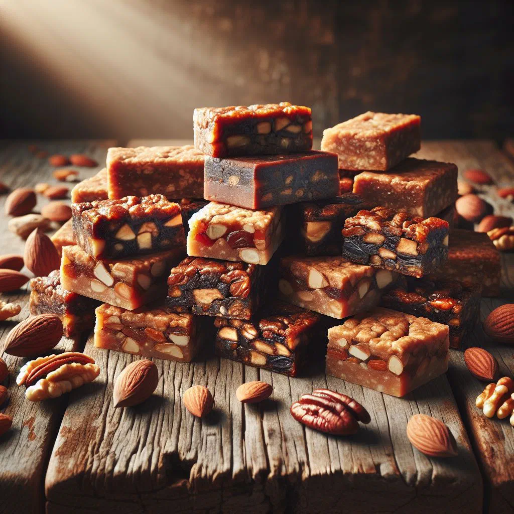 Sliced date and nut bars stacked on a serving plate