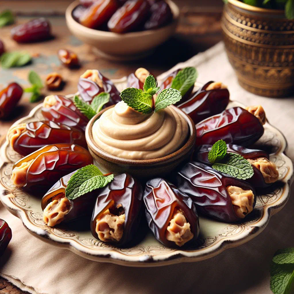 Fresh dates drizzled with tahini and topped with roasted nuts