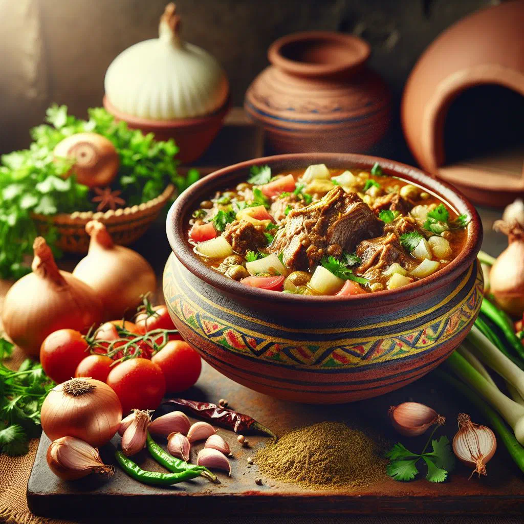 Bubbling Fahsa lamb stew served in a hot stone pot, garnished with fresh coriander