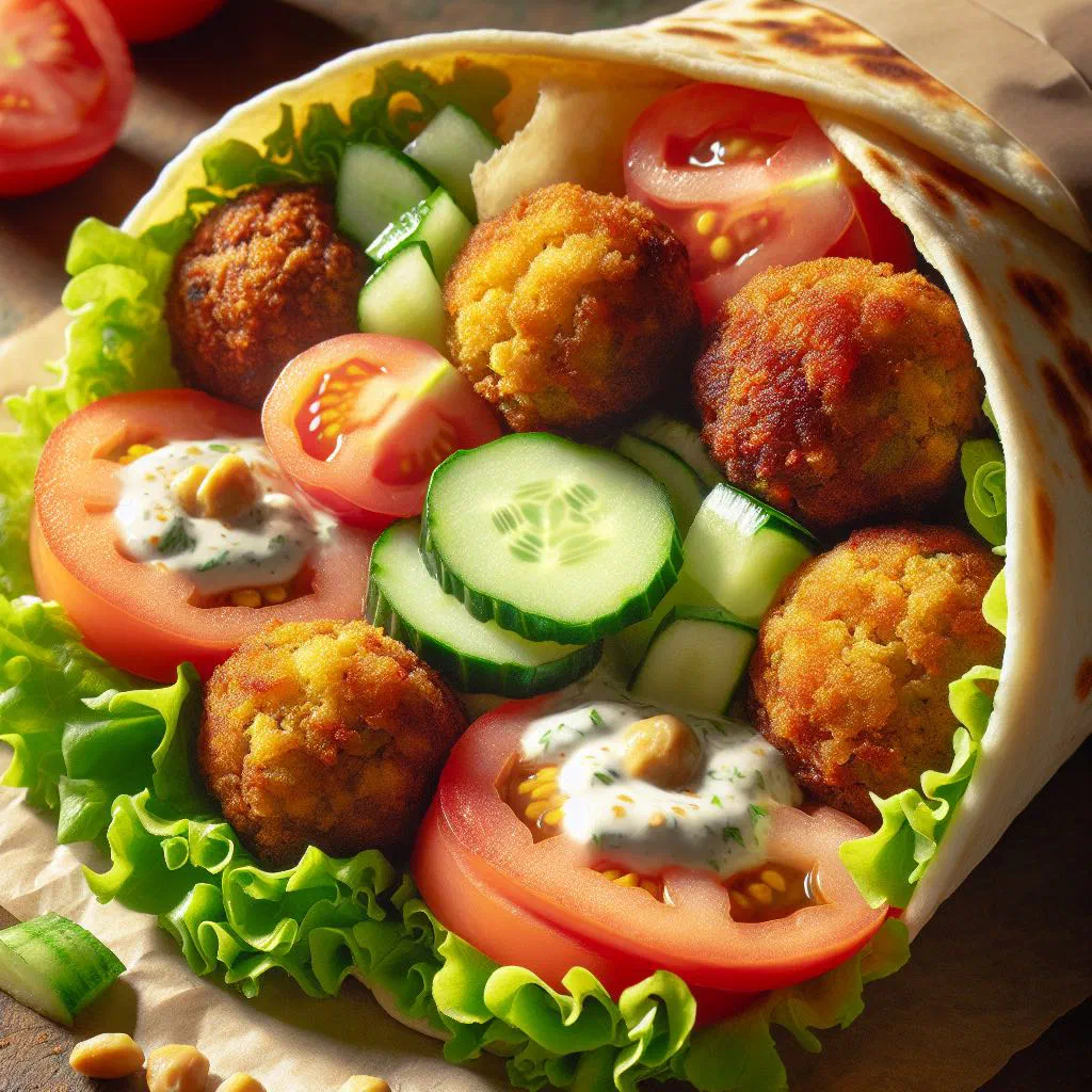 Falafel wrap filled with crisp chickpea fritters, fresh salad and tahini sauce