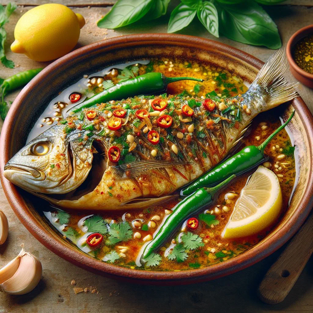 Spiced fish fillets in a fiery chilli sauce garnished with fresh herbs