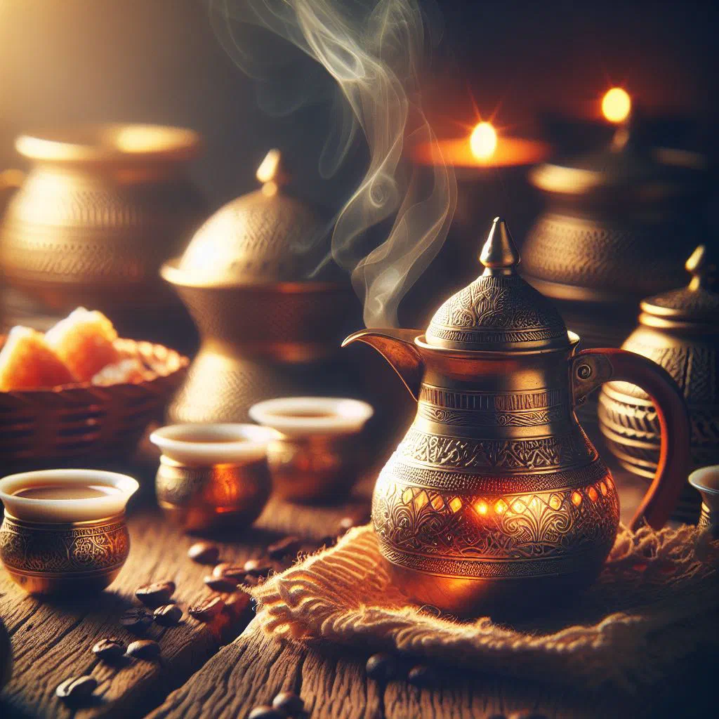 Arabic coffee served from a brass dallah into a small handleless cup with dates