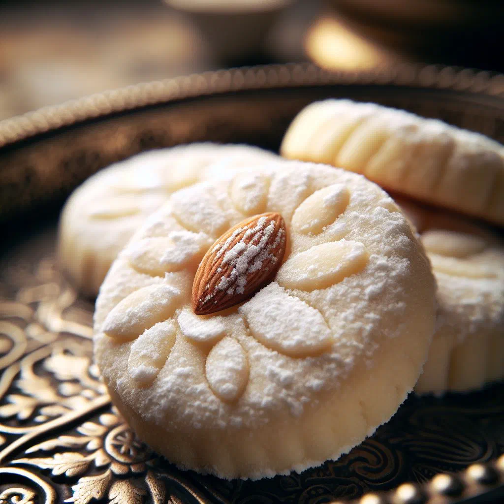 Delicate Ghraybeh butter biscuits topped with whole almonds