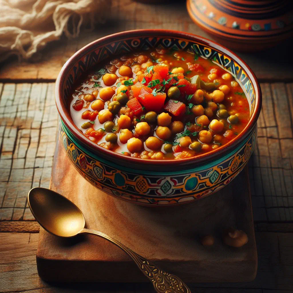 A bowl of harira soup with lentils, chickpeas and fresh herbs