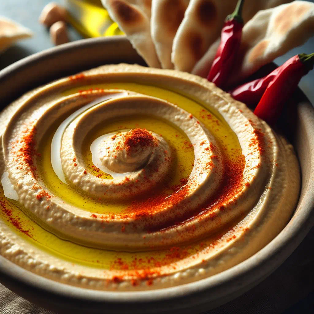 Creamy hummus in a bowl drizzled with olive oil and paprika