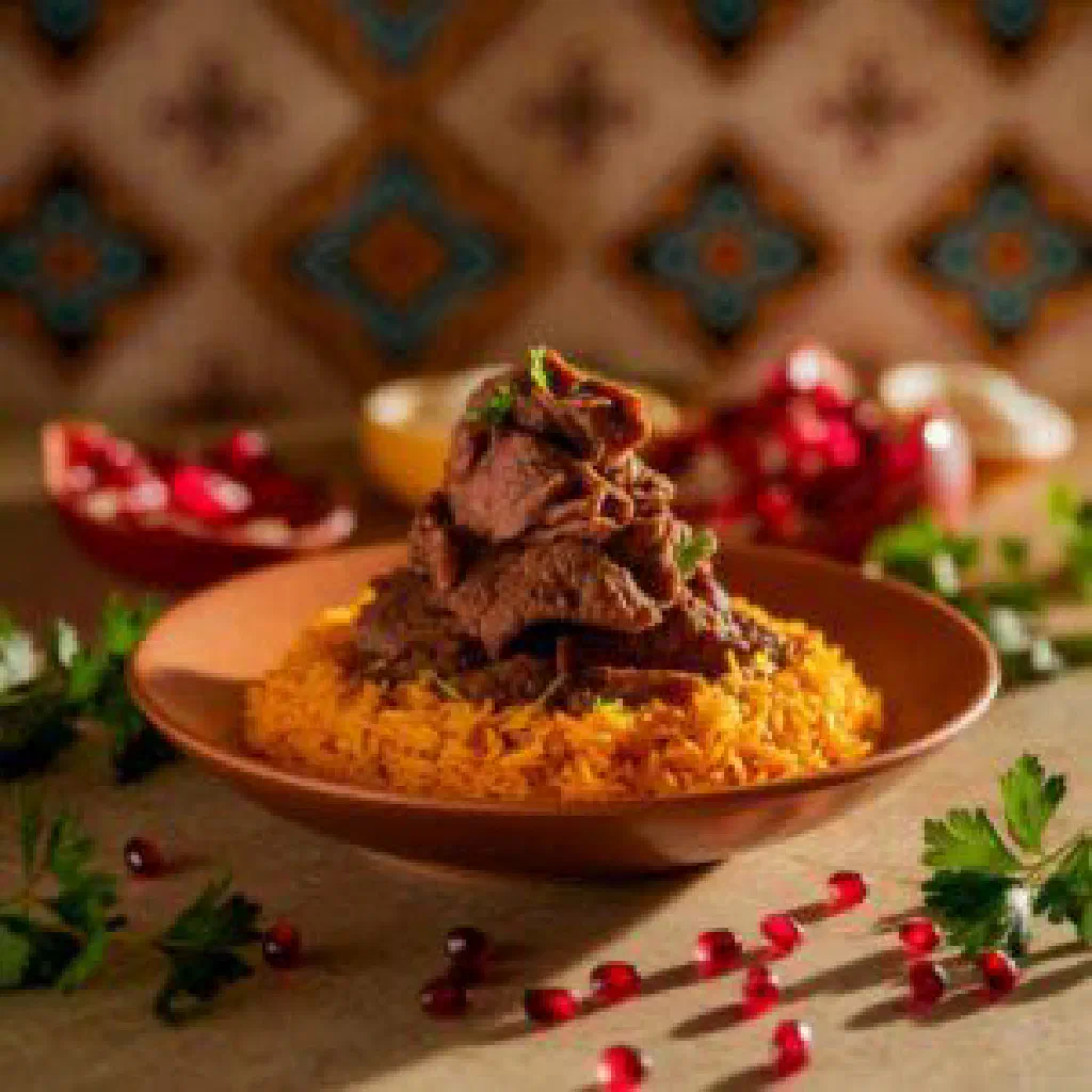 Slow-cooked Saudi Jalamah with tender meat, vegetables and fresh herbs