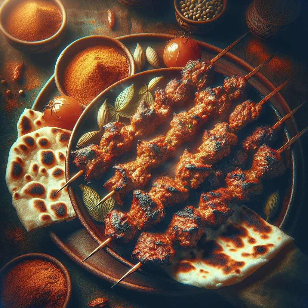 Grilled Kabab Yemeni skewers served with flatbread and dips