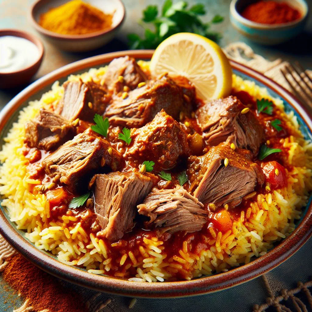 Kabsa lahm with spiced rice, tender lamb and fresh parsley