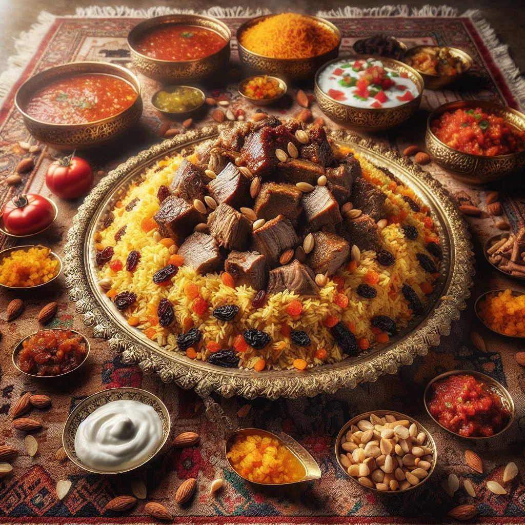 Fragrant Kabsa rice with spiced chicken, garnished with nuts and raisins