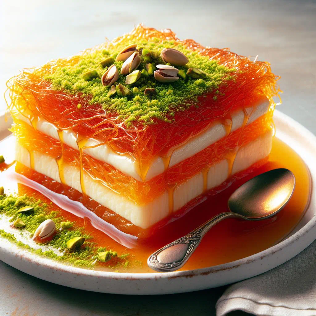 Golden knafeh nabulsieh soaked in syrup and topped with chopped pistachios