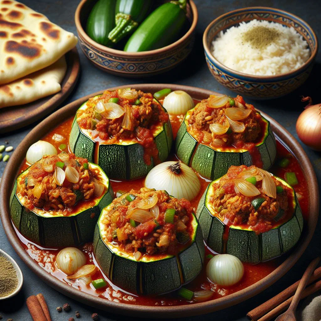 Courgettes stuffed with spiced rice and minced meat, simmered in broth