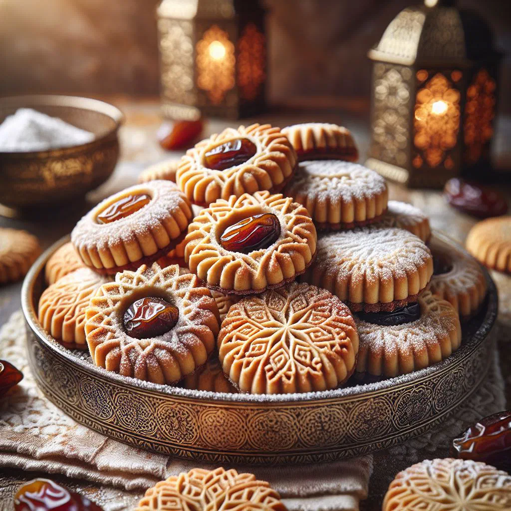 Maamoul date cookies dusted with icing sugar on a plate