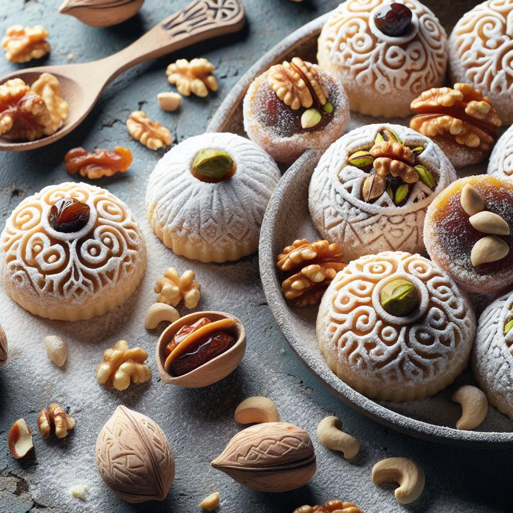 Maamoul date-filled cookies dusted with icing sugar on a plate
