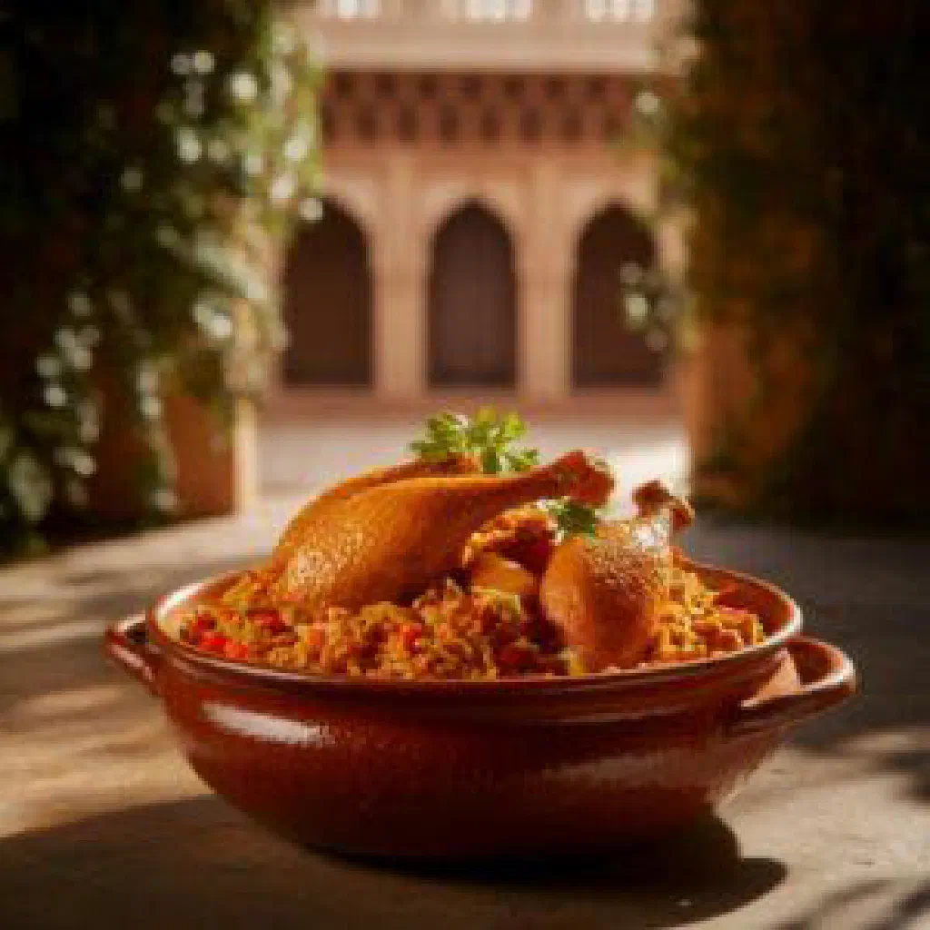 Spiced whole chicken resting on a bed of aromatic basmati rice, garnished with fresh coriander