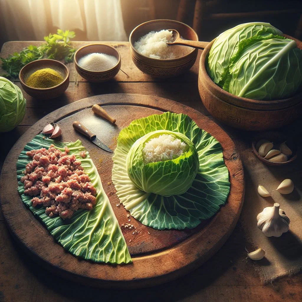 Rolled cabbage leaves filled with spiced rice and meat on a serving platter
