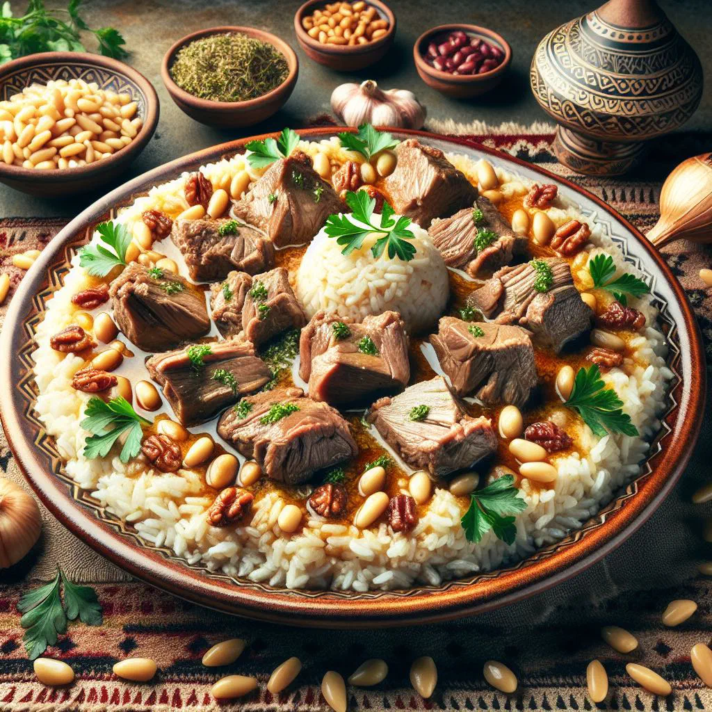 Mansaf with tender lamb, basmati rice and yoghurt sauce topped with pine nuts