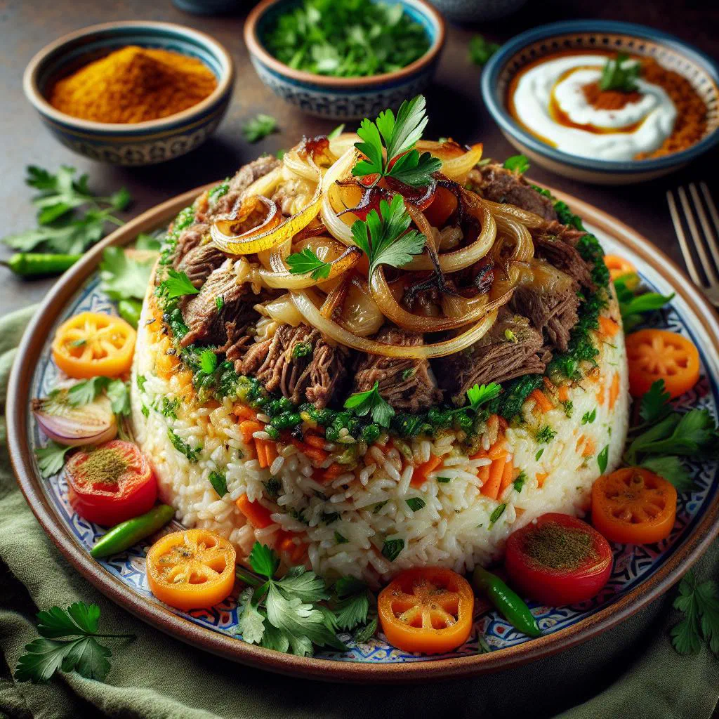 Upturned maqluba rice with meat and vegetables garnished with parsley