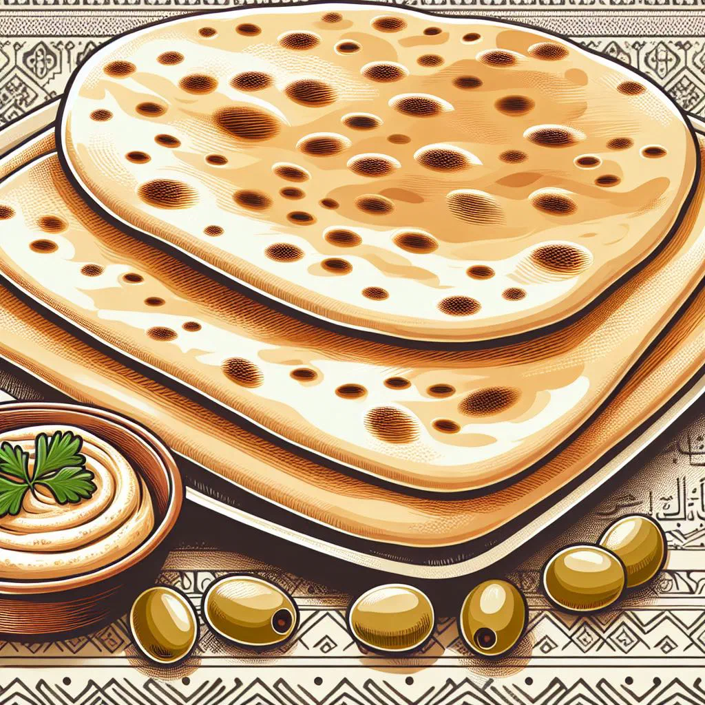 Thin round Markook flatbread stacked on a wooden board