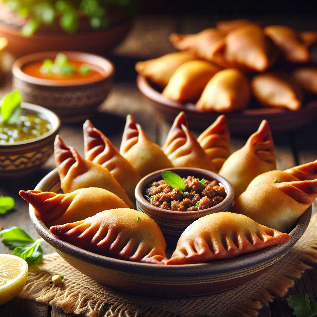 Golden deep-fried meat sambousek pastry parcels on a plate