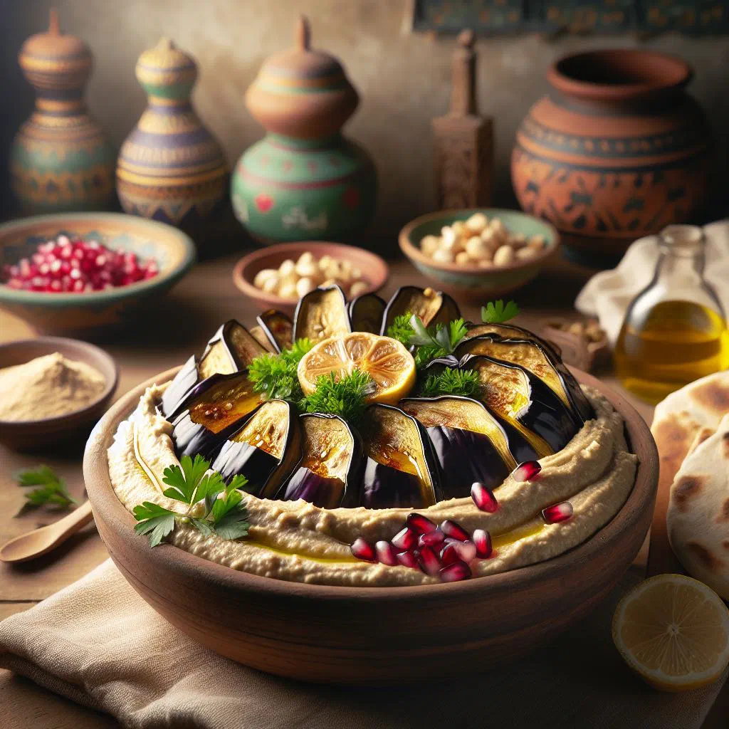 Creamy moutabal aubergine dip drizzled with olive oil and parsley