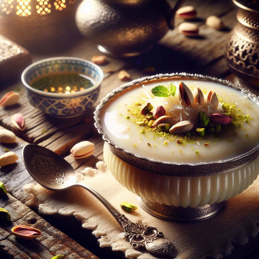 Creamy muhallebi milk pudding topped with chopped pistachios