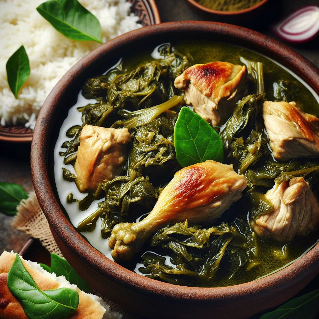 Bowl of green mulukhiyah stew with tender meat, served with rice