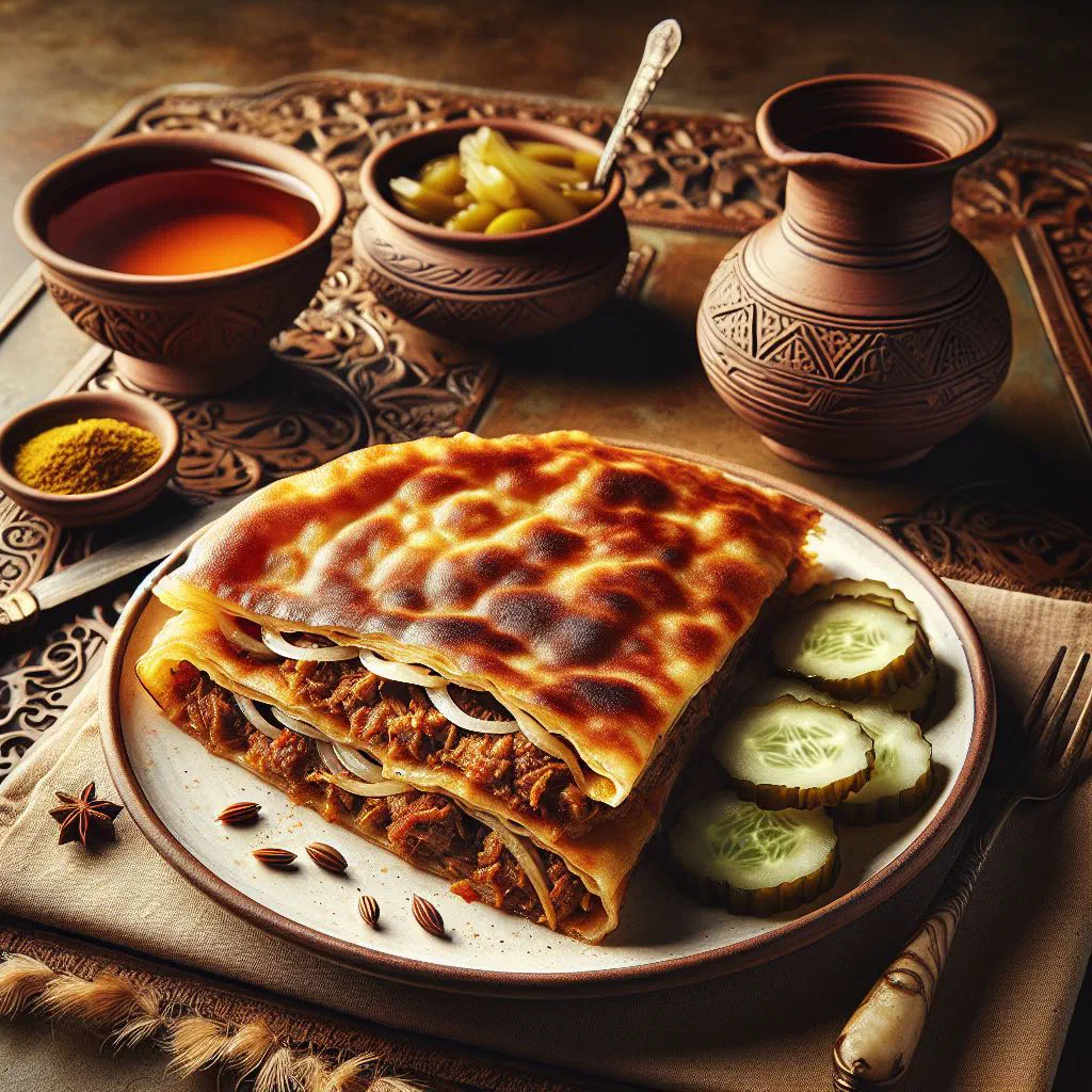 Golden pan-fried murtabak stuffed with spiced minced meat, cut open on a plate