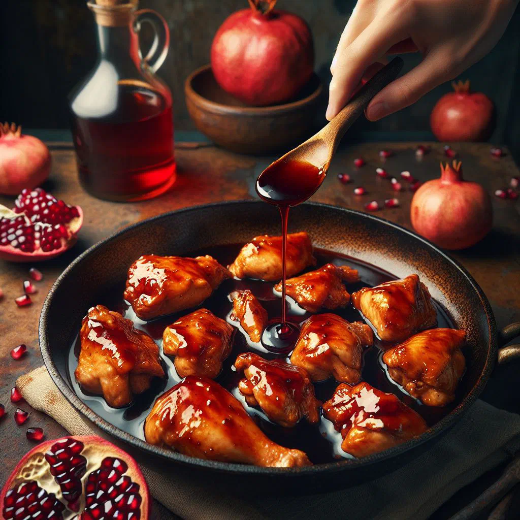 Roasted chicken breast glazed with pomegranate molasses, topped with fresh pomegranate seeds and parsley
