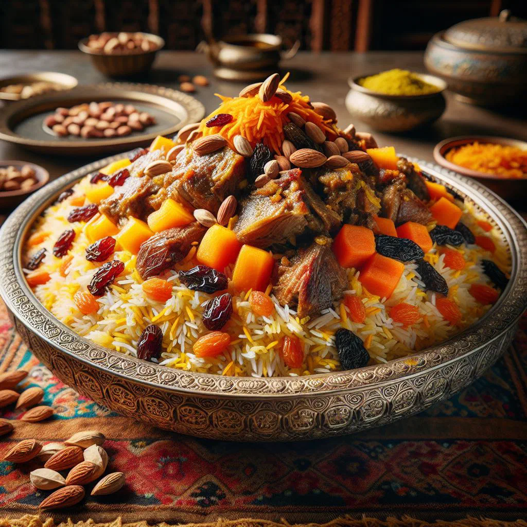 Spiced Qabuli rice with tender lamb and carrots on a platter