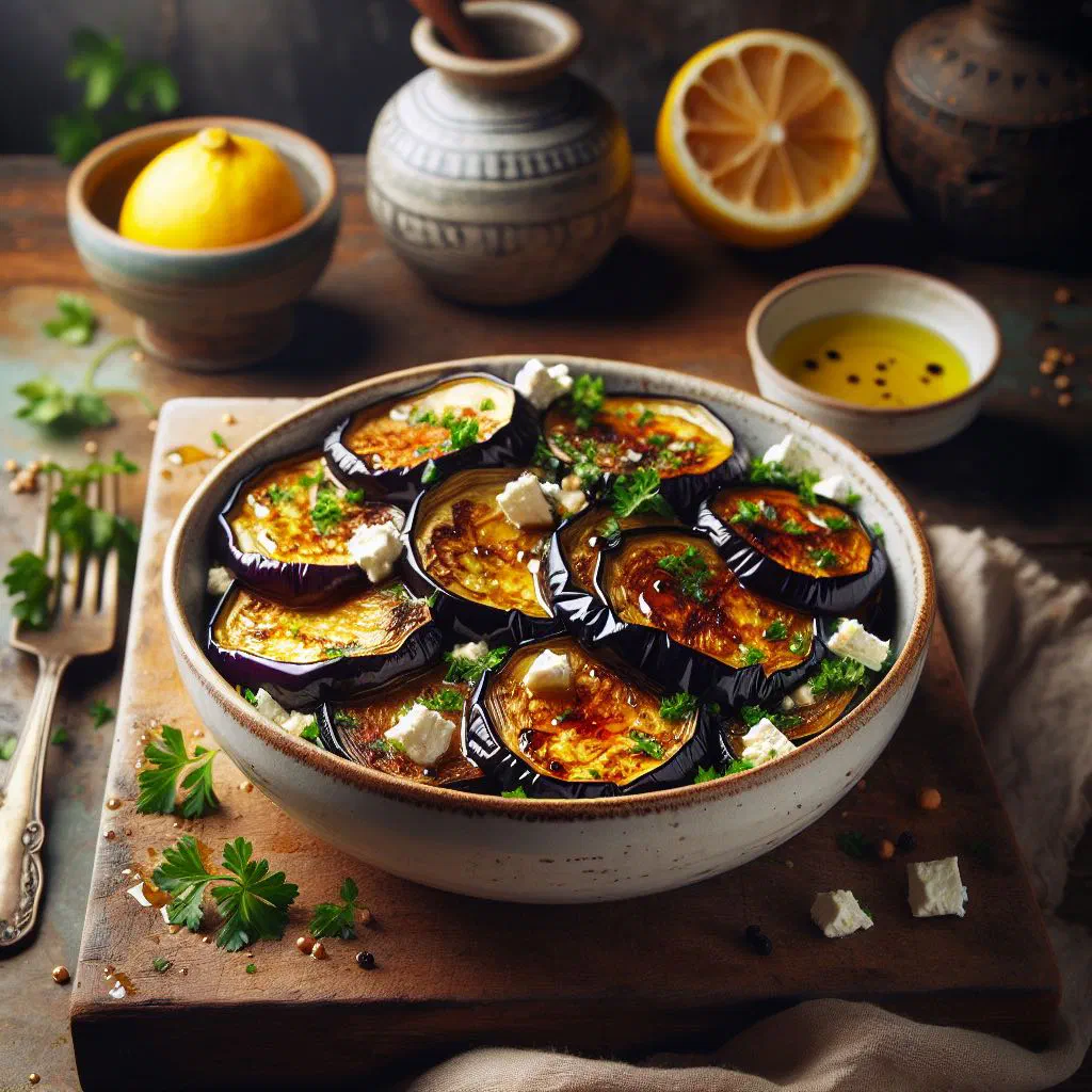 Roasted eggplant salad with fresh herbs, onion and a lemon dressing