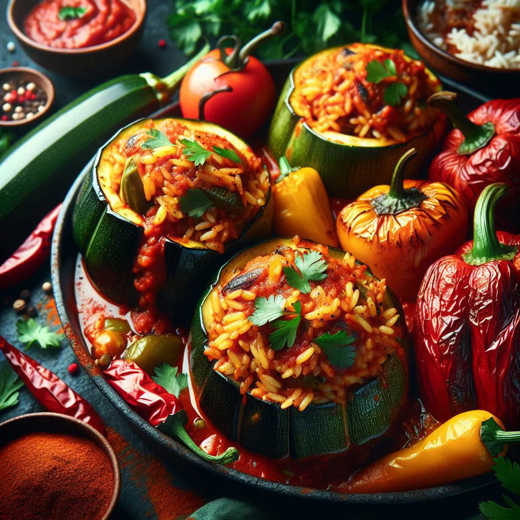 Stuffed peppers filled with spiced rice and minced meat, garnished with parsley
