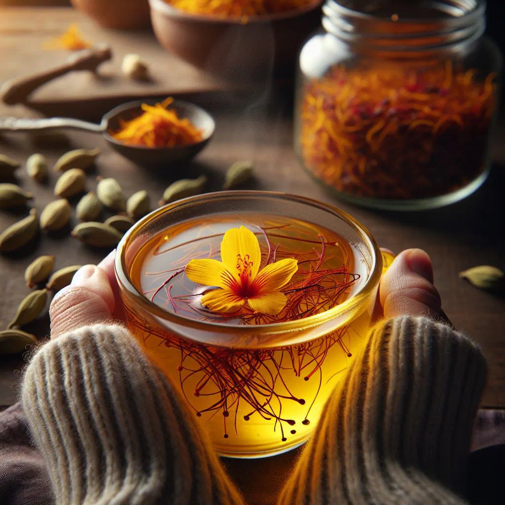 Golden saffron cardamom tea served in a small glass with cardamom pods