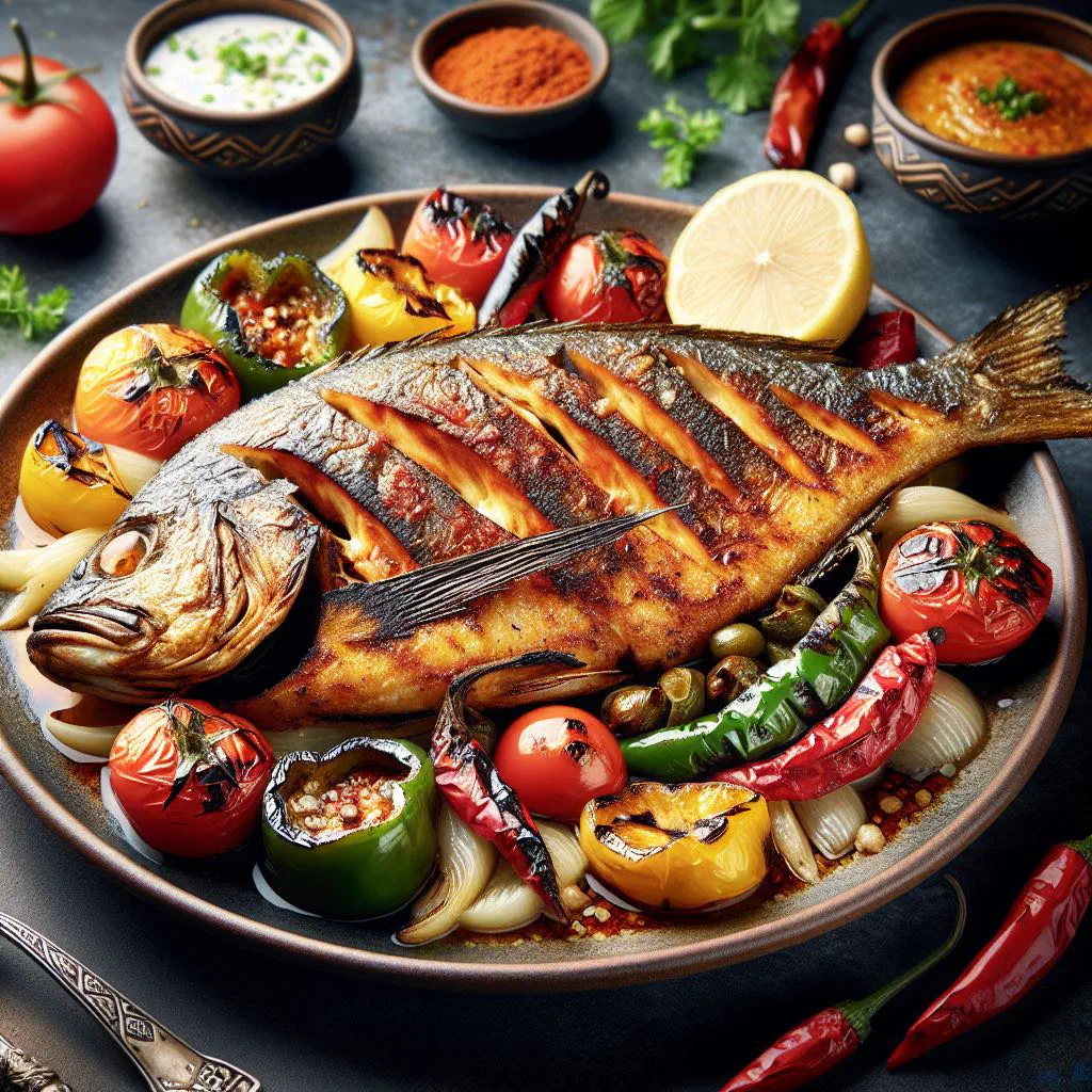 Whole grilled fish garnished with fresh herbs and lemon slices
