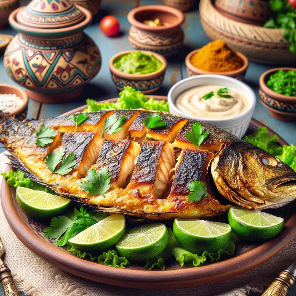 Whole grilled fish garnished with fresh herbs and lemon slices