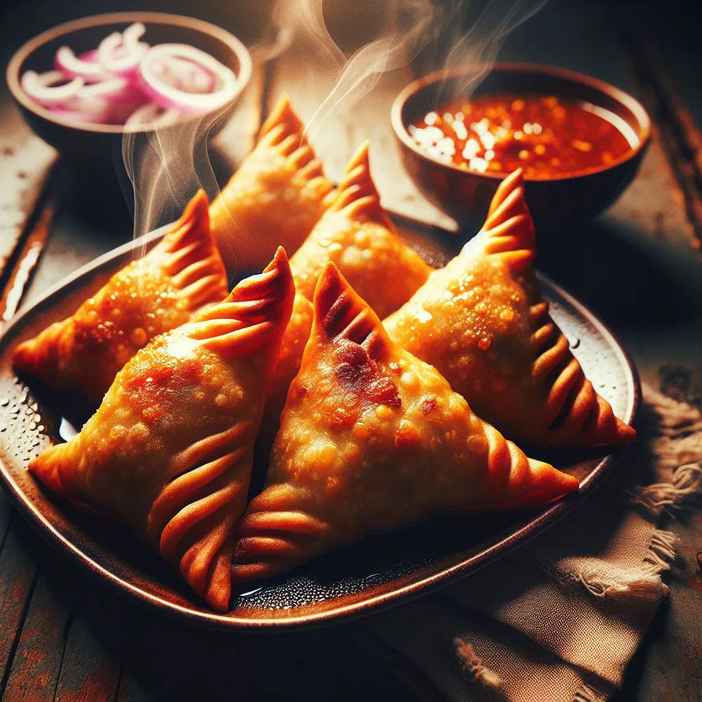 Golden fried samboosa pastries on a plate with a dip