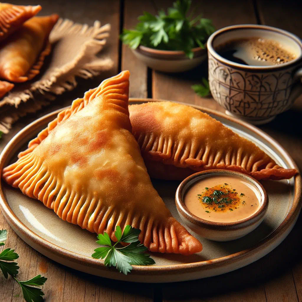 Golden fried sambousek pastries filled with spiced minced meat