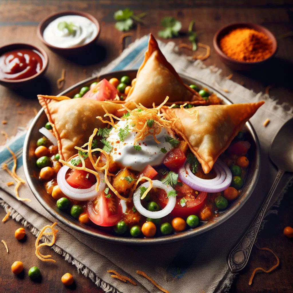 Crispy samosas topped with yoghurt, tamarind sauce and fresh coriander